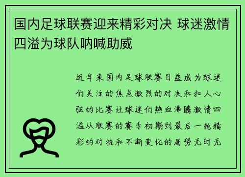 国内足球联赛迎来精彩对决 球迷激情四溢为球队呐喊助威